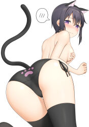 Rule 34 | 1girl, animal ears, apollo (hu maple), ass, back-print panties, bent over, black choker, black hair, black thighhighs, blush, cat ears, cat lingerie, cat tail, choker, closed mouth, commentary, crotch seam, from behind, frown, grabbing own breast, half-closed eyes, highres, leaning forward, looking at viewer, looking back, meme attire, original, panties, paw print, print panties, purple eyes, short hair, side-tie panties, simple background, solo, spoken blush, standing, tail, thigh gap, thighhighs, topless, underwear, underwear only, white background
