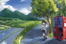 Rule 34 | 1girl, :o, arm at side, bad id, bad pixiv id, black eyes, black footwear, black hair, black socks, blue sailor collar, blue skirt, blue sky, blush, bottle, building, can, cloud, cloudy sky, commentary request, day, farm, forest, fubuki (kancolle), grass, hadron9, hand on own chest, highres, holding, holding bottle, house, kantai collection, kneehighs, landscape, leaf, loafers, looking away, medium hair, miniskirt, mountain, mountainous horizon, nature, outdoors, pleated skirt, road, sailor collar, scenery, school uniform, serafuku, shade, shadow, shirt, shoes, short ponytail, short sleeves, sidelocks, skirt, sky, socks, solo, standing, tree, vending machine, white shirt