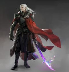 Rule 34 | 1boy, armor, belt, belt buckle, black choker, breastplate, buckle, cape, choker, closed mouth, fantasy, glowing, glowing sword, glowing weapon, highres, holding, holding sword, holding weapon, knight, long hair, male focus, original, painterly, pauldrons, purple eyes, red cape, shoulder armor, solo, standing, sword, taak choi, vambraces, weapon, white hair