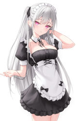 Rule 34 | 1girl, apron, arm up, black dress, black ribbon, breasts, cleavage, cowboy shot, detached collar, dress, frilled apron, frilled dress, frills, hair ribbon, hand in own hair, highres, holding, holding own hair, long hair, looking at viewer, maid, maid headdress, medium breasts, naga (pixiv70891418), neck ribbon, one side up, original, parted lips, pink eyes, ribbon, simple background, very long hair, white apron, white background, white hair