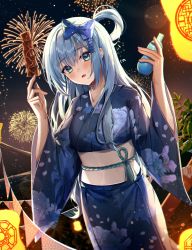 Rule 34 | 1girl, blue eyes, blue hair, bottle, breasts, chocolate banana, eyebrows hidden by hair, festival, fireworks, flag, hair between eyes, hair ribbon, highres, holding, japanese clothes, kimono, lantern, long hair, looking at viewer, minttchocok, night, night sky, open mouth, original, ponytail, ribbon, sky, solo, summer festival, yukata