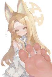 Rule 34 | 1girl, ?, absurdres, animal ear fluff, animal ears, barefoot, blonde hair, blue archive, blush, close-up, commentary request, detached sleeves, dokomon, dress, feet, foot focus, forehead, foreshortening, fox ears, halo, highres, korean commentary, looking at viewer, parted bangs, seia (blue archive), simple background, soles, solo, spread toes, toenails, toes, white background, white dress