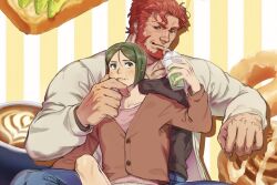Rule 34 | 2boys, bara, beard, black hair, black shirt, blue pants, blush, brown pants, brown shirt, closed mouth, couple, cup, disposable cup, drinking straw, facial hair, fate/zero, fate (series), hand on another&#039;s face, holding, holding cup, iskandar (fate), jacket, jeje (pixiv12541114), looking at another, male focus, multiple boys, muscular, muscular male, open clothes, open jacket, pants, red hair, shirt, short hair, smile, waver velvet, white jacket, yaoi