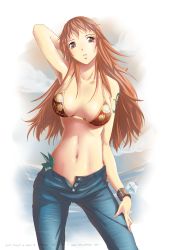 Rule 34 | 1girl, arm up, armpits, bare shoulders, bikini, bra, breasts, brown eyes, denim, highres, jeans, long hair, looking at viewer, money, nami (one piece), navel, one piece, orange hair, pants, parted lips, solo, swimsuit, tattoo, underwear