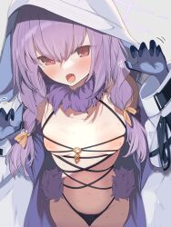 Rule 34 | 1girl, absurdres, atsuko (blue archive), black panties, blue archive, blush, bow, braid, breasts, claw pose, commentary, commentary request, cosplay, fang, fate/grand order, fate (series), gao, gloves, grey background, hair between eyes, hair bow, halo, highleg, highleg panties, highres, hood, hood up, hooded jacket, inverted nipples, jacket, kawa mura, long sleeves, looking at viewer, low twin braids, mash kyrielight, mash kyrielight (dangerous beast), mash kyrielight (dangerous beast) (cosplay), nipples, open clothes, open jacket, open mouth, panties, purple gloves, purple hair, purple halo, red eyes, revealing clothes, simple background, skin fang, small breasts, solo, sweat, twin braids, two-tone gloves, underwear, white jacket, yellow bow