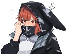 Rule 34 | 1girl, absurdres, anger vein, animal hood, arknights, black jacket, blush, commentary, crownslayer (arknights), hand up, highres, hood, jacket, long hair, mask, mouth mask, red eyes, red hair, shirt, simi tofu, simple background, solo, upper body, white background, white shirt