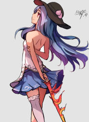 Rule 34 | 1girl, back, backless outfit, bare arms, bare shoulders, blue hair, breasts, food, fruit, hat, highres, hinanawi tenshi, long hair, myero, peach, red eyes, shirt, single thighhigh, skirt, sleeveless, sleeveless shirt, small breasts, smile, solo, sword of hisou, thighhighs, touhou, very long hair