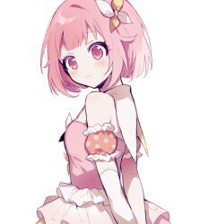 Rule 34 | 1girl, bare shoulders, blush, bow, closed mouth, commentary, detached sleeves, dress, frilled sleeves, frills, hair bow, looking at viewer, looking to the side, ootori emu, pink dress, pink eyes, pink hair, project sekai, puffy short sleeves, puffy sleeves, qi7pi, short hair, short sleeves, sidelocks, simple background, solo, symbol-only commentary, two-tone bow, white background