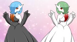 Rule 34 | 2girls, alternate color, bare shoulders, black dress, black gloves, blue hair, bob cut, breasts, closed mouth, collarbone, colored skin, creatures (company), dress, elbow gloves, female focus, game freak, gardevoir, gen 3 pokemon, gloves, green hair, hair over one eye, hands up, happy, highres, long dress, looking at viewer, medium breasts, mega gardevoir, mega pokemon, multiple girls, nintendo, one eye covered, open mouth, orange eyes, pink background, pokemon, pokemon (creature), red eyes, shiny pokemon, short hair, simple background, smile, split mouth, strapless, strapless dress, symmetry, white dress, white gloves, white skin, yunicon