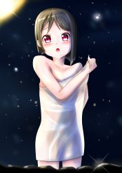 Rule 34 | 1girl, absurdres, artist name, artist request, bare shoulders, black sky, blush, breasts, brown hair, cloud, collarbone, female focus, grey hair, highres, holding, holding towel, light brown hair, looking at viewer, love live!, love live! nijigasaki high school idol club, nail polish, nakasu kasumi, naked towel, night, night sky, outdoors, parted lips, pink eyes, pink nails, pink nails, purple eyes, short hair, sky, small breasts, smile, solo, star (sky), towel, white towel