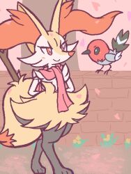 Rule 34 | 1girl, animal ear fluff, animal ears, animal feet, animal nose, arms behind back, bird, black eyes, black fur, blush, body fur, braixen, brick wall, cherry blossoms, closed mouth, clothed pokemon, creatures (company), eye contact, female focus, flat chest, flat color, fletchling, flower, fox ears, fox girl, fox tail, full body, furry, furry female, game freak, gardear058, gen 6 pokemon, happy, jaggy lines, light blush, looking at another, multicolored fur, neck fur, nintendo, petals, pokemon, pokemon (creature), red eyes, red scarf, scarf, smile, snout, standing, stick, tail, tree, white fur, yellow flower, yellow fur