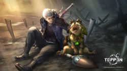 Rule 34 | 1boy, 1other, boots, capcom, company connection, copyright name, copyright notice, crossover, crying, devil may cry (series), devil may cry 5, fangs, felyne, hand on another&#039;s shoulder, highres, jacket, monster hunter, monster hunter: world, monster hunter (series), nero (devil may cry), official art, open mouth, red queen (sword), short hair, silver hair, sitting, smile, teppen, weapon, weapon on back, whiskers
