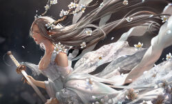 Rule 34 | 1girl, blurry, blurry background, breasts, brown hair, cleavage, commentary, dress, earrings, english commentary, flower, from side, grey hair, hair flower, hair ornament, highres, holding, holding sword, holding weapon, jewelry, katana, long hair, medium breasts, multicolored hair, original, parted bangs, parted lips, pointy ears, solo, sword, two-tone hair, upper body, weapon, white dress, yeonjun park