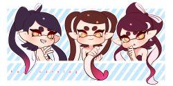 Rule 34 | + +, 1girl, :o, alternate hairstyle, black hair, blue background, brown eyes, callie (splatoon), closed mouth, commentary, coula cat, cropped torso, diagonal stripes, english text, grin, hair ornament, head tilt, highres, holding, holding hair, inkling, looking at viewer, mole, mole under eye, nintendo, open mouth, outline, pointy ears, sharp teeth, smile, splatoon (series), splatoon 1, star (symbol), star hair ornament, striped, striped background, teeth, tentacle hair, twintails, v, white outline
