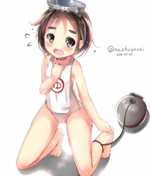 Rule 34 | 10s, 1girl, bad id, bad pixiv id, black hair, blush, crying, dated, diving mask, diving mask on head, eyebrows, goggles, goggles on head, kantai collection, maru-yu (kancolle), natuna natu, one-piece swimsuit, open mouth, school swimsuit, short hair, solo, swimsuit, tears, thick eyebrows, twitter username, white background, white school swimsuit, white one-piece swimsuit