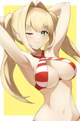 Rule 34 | 1girl, absurdres, ahoge, armpits, arms behind head, arms up, bad id, bad pixiv id, bare shoulders, bikini, blonde hair, blush, border, breasts, cleavage, collarbone, criss-cross halter, fate/grand order, fate (series), green eyes, hair intakes, halterneck, highres, large breasts, long hair, looking at viewer, navel, nero claudius (fate), nero claudius (fate) (all), nero claudius (swimsuit caster) (fate), one eye closed, pyonsan, red bikini, smile, solo, striped bikini, striped clothes, swimsuit, twintails, white border, yellow background