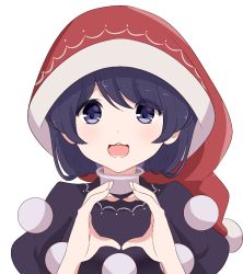 Rule 34 | 1girl, :d, bad id, bad pixiv id, black dress, blue eyes, blue hair, blush, commentary, doremy sweet, dress, english commentary, hands up, hat, heart, heart hands, looking at viewer, nightcap, open mouth, pom pom (clothes), red hat, short hair, short sleeves, simple background, smile, solo, touhou, upper body, white background, yukome