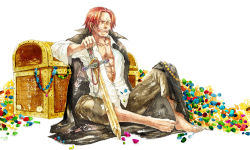 Rule 34 | 1boy, :d, ^ ^, barefoot, closed eyes, closed eyes, full body, gem, highres, holding, kusaco, male focus, muscular, one piece, open clothes, open mouth, open shirt, painting (medium), red hair, scar, shanks (one piece), shirt, sitting, smile, solo, sword, traditional media, treasure chest, watercolor (medium), weapon, white background, white shirt
