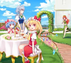 Rule 34 | 4girls, apron, arch, ascot, bad id, bad twitter id, bare legs, bat wings, beret, blonde hair, blouse, blue eyes, blue hair, blush, bow, braid, chair, china dress, chinese clothes, cloud, cloudy sky, cup, day, dress, elbow rest, fence, flandre scarlet, floral arch, flower, food, garden, grass, hat, hat bow, hong meiling, house, izayoi sakuya, jpeg artifacts, lamppost, legs, long hair, looking at another, looking at viewer, maid apron, maid headdress, mob cap, mountain, multiple girls, neck ribbon, open mouth, orange hair, outdoors, path, profile, puffy short sleeves, puffy sleeves, railing, red eyes, remilia scarlet, ribbon, road, running, saucer, shirt, shoes, short hair, short sleeves, side ponytail, side slit, silver hair, sitting, skirt, skirt set, sky, smile, socks, standing, star (symbol), sweets, table, tablecloth, tea, teacup, teapot, tiered tray, touhou, tray, twin braids, waving, window, wings, wrist cuffs, yada (xxxadaman)