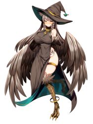 Rule 34 | 1girl, anklet, aura venefika, bird legs, black dress, black hat, braid, breasts, brown hair, covered navel, dairoku ryouhei, dress, feathered wings, full body, harpy, hat, impossible clothes, jewelry, large breasts, looking at viewer, marota, mole, mole on breast, monster girl, sleeveless, sleeveless dress, solo, tattoo, thigh strap, transparent background, twin braids, winged arms, wings, witch hat