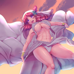 Rule 34 | 1girl, abs, breasts, covered erect nipples, from below, harihisa, large breasts, long hair, magi the labyrinth of magic, morgiana, navel, open mouth, purple eyes, red hair, sky, smile, solo, thighs, underboob, underwear