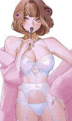 Rule 34 | 1girl, :o, blush, bra, breasts, brown hair, chain necklace, character request, cleavage, coat, copyright request, eyelashes, fur coat, garter belt, highres, jewelry, large breasts, looking afar, looking at viewer, meu oo, mole, mole under mouth, necklace, panties, pink coat, simple background, underwear, white background, white bra, white panties