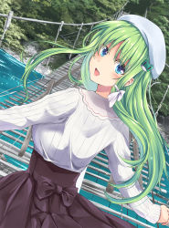 Rule 34 | 1girl, :d, alternate costume, beret, black skirt, blue eyes, blush, bow, bridge, casual, commentary request, contemporary, dutch angle, frog hair ornament, from behind, fule, green hair, grey hat, hair bow, hair ornament, hat, kochiya sanae, long hair, long sleeves, looking at viewer, looking back, open mouth, outdoors, railing, shirt, skirt, smile, solo, touhou, upper body, white bow, white shirt