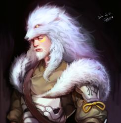 Rule 34 | 1boy, beard, dated, facial hair, facial mark, fur trim, hanzo (overwatch), lemon89h, lone wolf hanzo, looking at viewer, male focus, official alternate costume, overwatch, overwatch 1, simple background, solo, upper body, white hair, wolf hood