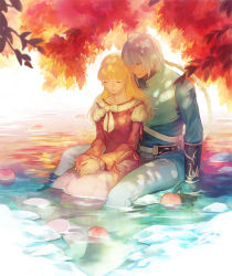 Rule 34 | 1boy, 1girl, aruk, blonde hair, braid, claire bennett, couple, food, fruit, hetero, leaf, partially submerged, peach, silver hair, single braid, sitting, tales of (series), tales of rebirth, veigue lungberg, water