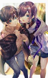 Rule 34 | 2boys, absurdres, androgynous, blue eyes, blush, brown hair, cardigan, choker, coat, collared shirt, crying, hair ornament, hairclip, highres, looking at viewer, male focus, multiple boys, open cardigan, open clothes, original, pale skin, pants, purple hair, sainome (imveryfinethx), shirt, short shorts, shorts, tearing up