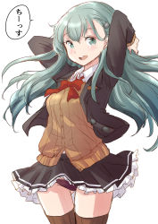 Rule 34 | 1girl, aqua eyes, aqua hair, blazer, bow, bowtie, brown jacket, brown skirt, brown thighhighs, cardigan, commentary request, fuji (pixiv24804665), hair ornament, hairclip, highres, jacket, kantai collection, long hair, open mouth, panties, pleated skirt, purple panties, red bow, red bowtie, round teeth, school uniform, simple background, skirt, solo, suzuya (kancolle), suzuya kai ni (kancolle), teeth, thighhighs, underwear, upper teeth only, white background