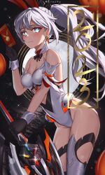 Rule 34 | 1girl, 2023, absurdres, adapted costume, animal ears, artist name, bare shoulders, black gloves, blue eyes, breasts, chinese new year, cleavage, closed mouth, cruzvu, earrings, fake animal ears, gloves, grey hair, headband, highres, holding, holding sword, holding weapon, homu (honkai impact), hongbao, honkai (series), honkai impact 3rd, jewelry, kiana kaslana, kiana kaslana (herrscher of flamescion), leotard, long hair, looking at viewer, medium breasts, playboy bunny, ponytail, rabbit ears, solo, strapless, strapless leotard, sword, wavy mouth, weapon, white hair, white leotard, wrist cuffs