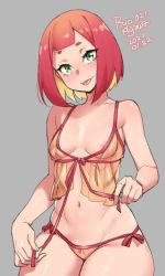 Rule 34 | 1girl, :p, agawa ryou, bare shoulders, blonde hair, breasts, commentary, eyebrows, green eyes, grey background, looking at viewer, multicolored hair, navel, original, red hair, see-through, short hair, simple background, solo, thighs, tongue, tongue out