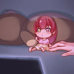 Rule 34 | 1girl, 1other, :o, ambiguous gender, awestruck, barefoot, berotore, blanket, blush stickers, breasts, chestnut mouth, hair down, heterochromia, highres, holding hands, hololive, houshou marine, large breasts, long hair, mini person, minigirl, red eyes, red hair, screen light, shirt, sitting, solo focus, stuffed animal, stuffed toy, t-shirt, teddy bear, v-shaped eyebrows, virtual youtuber, watching television, yellow eyes