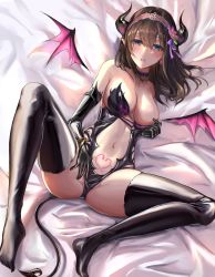 Rule 34 | 1girl, absurdres, alternate costume, bare shoulders, bat wings, black gloves, black thighhighs, blue eyes, breasts, brown hair, choker, cleavage, demon horns, elbow gloves, gloves, highres, horns, idolmaster, idolmaster cinderella girls, latex, latex thighhighs, long hair, looking at viewer, lying, medium breasts, navel, nyome991, on bed, open mouth, pink tattoo, pointy ears, presenting, pubic tattoo, sagisawa fumika, solo, stomach, tail, tattoo, thighhighs, thighs, wings