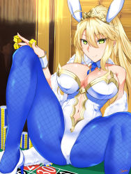 Rule 34 | 1girl, ahoge, animal ears, artoria pendragon (all), artoria pendragon (fate), artoria pendragon (swimsuit ruler) (fate), bare shoulders, blonde hair, blue pantyhose, breasts, caruta, clothing cutout, detached collar, dice, fake animal ears, fate/grand order, fate (series), female focus, green eyes, hair between eyes, high heels, highleg, highleg leotard, highres, holding dice, indoors, large breasts, leotard, long hair, navel, navel cutout, on table, pantyhose, playboy bunny, poker chip, ponytail, rabbit ears, sidelocks, sitting, smile, solo, spread legs, strapless, strapless leotard, table, very long hair, white footwear, white leotard, wrist cuffs
