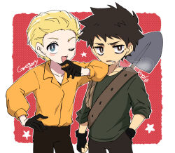 Rule 34 | 2boys, animification, black gloves, blonde hair, blue eyes, brown eyes, child, christophe (south park), cigarette, fingerless gloves, gloves, gregory (south park), hand in pocket, highres, kxh-hxk, male focus, messy hair, multiple boys, one eye closed, orange shirt, shirt, simple background, south park, south park: bigger longer and uncut