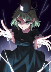 Rule 34 | 1girl, absurdres, black background, black hat, breasts, cross-laced clothes, dress, gradient background, green dress, green eyes, green hair, hat, highres, large breasts, lightning, long sleeves, looking at viewer, one-hour drawing challenge, open mouth, soga no tojiko, solo, tate eboshi, touhou, wanko sora