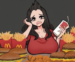 Rule 34 | 1girl, absurdres, animification, black background, black hair, breast rest, breasts, breasts on table, brown eyes, burger, centurii-chan (artist), cleavage, collarbone, commentary, crying, crying with eyes open, cup, english commentary, food, french fries, highres, holding, holding cup, large breasts, long hair, looking at viewer, mcdonald&#039;s, nikocado avocado, open mouth, real life, red shirt, shirt, short sleeves, simple background, solo, t-shirt, table, tears