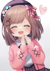 Rule 34 | 1girl, absurdres, aged down, black skirt, blush, bow, brown hair, cardigan, closed eyes, collared shirt, commentary, english commentary, hair bow, hair ornament, hairclip, heart, highres, ikazu401, nijisanji, open mouth, own hands together, pink bow, pink cardigan, pinstripe pattern, pinstripe skirt, shirt, simple background, skirt, solo, striped, suzuhara lulu, virtual youtuber, white background, white shirt, x hair ornament