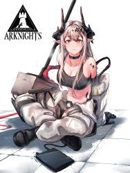 Rule 34 | 1girl, arknights, black choker, black footwear, black gloves, boots, breasts, choker, cleavage, commentary, copyright name, crop top, gloves, hammer, highres, horns, indian style, infection monitor (arknights), large breasts, long hair, looking at viewer, lownd, material growth, midriff, mudrock (arknights), mudrock (elite ii) (arknights), navel, oripathy lesion (arknights), pants, pointy ears, red eyes, rhodes island logo (arknights), shadow, silver hair, simple background, sitting, solo, sports bra, stomach, weapon, white background, white pants