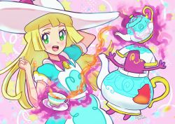 Rule 34 | 1girl, absurdres, blonde hair, creatures (company), cup, dress, game freak, gen 8 pokemon, green eyes, hat, highres, lillie (pokemon), lillie (special costume) (pokemon), long hair, looking at viewer, nintendo, official alternate costume, open mouth, pinafore dress, pokemon, pokemon (creature), pokemon masters ex, polteageist, sheyona, sleeveless, sleeveless dress, teacup, teapot, upper body, white headwear