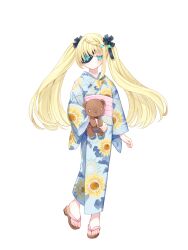Rule 34 | 1girl, aokana sawa, blonde hair, blue eyes, bow, dairoku ryouhei, eyepatch, floral print, full body, hair ornament, holding, holding stuffed toy, japanese clothes, kimono, long hair, looking at viewer, lucy bluebell, print kimono, sandals, stuffed animal, stuffed toy, teddy bear, transparent background, twintails, zouri