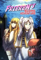 Rule 34 | 2girls, blonde hair, blue sky, book, capelet, commentary, cover, elf, english text, engrish text, fake cover, frieren, green eyes, hair tubes, highres, holding, holding book, jojo no kimyou na bouken, logo parody, long hair, looking at viewer, low-tied sidelocks, mimic, mimic chest, multiple girls, ononotsu, outdoors, parody, parted bangs, pointy ears, ranguage, robe, serie (sousou no frieren), sharp teeth, shirt, sky, smile, sousou no frieren, striped clothes, striped shirt, teeth, tongue, twintails, very long hair, white capelet, white hair, white robe