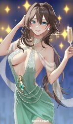 Rule 34 | 1girl, absurdres, aqua eyes, bare shoulders, breasts, brown hair, champagne flute, commentary, cowboy shot, cup, dress, drinking glass, earrings, green dress, grin, hair intakes, hands up, highres, holding, holding cup, honkai: star rail, honkai (series), jewelry, long hair, looking at viewer, medium breasts, nocta felis, ruan mei (honkai: star rail), smile, solo, standing, very long hair