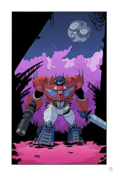 Rule 34 | 1boy, autobot, blue eyes, border, commentary, energon, english commentary, gun, highres, holding, holding gun, holding sword, holding weapon, looking at viewer, mecha, no humans, norrie, optimus prime, partially submerged, robot, science fiction, solo, sword, transformers, weapon, white border