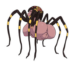 Rule 34 | anus, ass, black hair, breasts, censored, dark skin, extra eyes, fat mons, from behind, huge ass, arthropod girl, large breasts, looking back, monster girl, mosaic censoring, original, plump, pussy, red eyes, simple background, smile, spider girl, what, white background, yoshino norihito