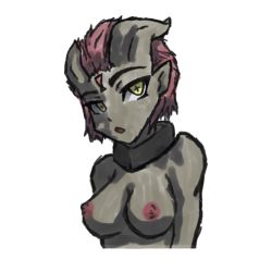 Rule 34 | 1girl, breasts, collarbone, colored skin, cropped torso, draenei, grey skin, jewelry, looking at viewer, neck ring, open mouth, red hair, secondscrub, short hair, solo, upper body, warcraft, yellow eyes