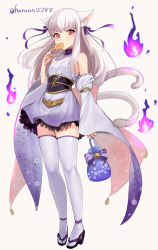 Rule 34 | 1girl, alternate costume, animal ear fluff, animal ears, bare shoulders, candy, cat ears, cat tail, choker, commentary request, cosplay, detached sleeves, fingernails, fire, fire emblem, fire emblem: three houses, fire emblem fates, fire emblem heroes, food, full body, hair ribbon, halloween, halloween costume, haru (nakajou-28), highres, holding, holding candy, holding food, holding lollipop, japanese clothes, kimono, lollipop, long hair, looking at viewer, lysithea von ordelia, mouth hold, multiple tails, nail polish, nintendo, obi, pink eyes, purple choker, purple fire, purple nails, purple ribbon, ribbon, sakura (fire emblem), sakura (fire emblem) (cosplay), sash, short kimono, simple background, tail, thighhighs, twitter username, white background, white hair, white kimono, white thighhighs, wide sleeves, zettai ryouiki