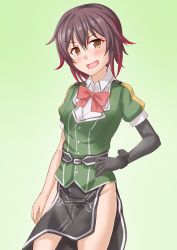 Rule 34 | 1girl, anti (untea9), black gloves, bow, bowtie, brown eyes, brown hair, cosplay, dress, elbow gloves, gloves, gradient hair, green jacket, highres, jacket, kantai collection, multicolored hair, mutsuki (kancolle), open mouth, pelvic curtain, puffy short sleeves, puffy sleeves, red bow, red bowtie, red hair, short dress, short hair, short sleeves, single elbow glove, smile, solo, tone (kancolle), tone (kancolle) (cosplay), two-tone hair